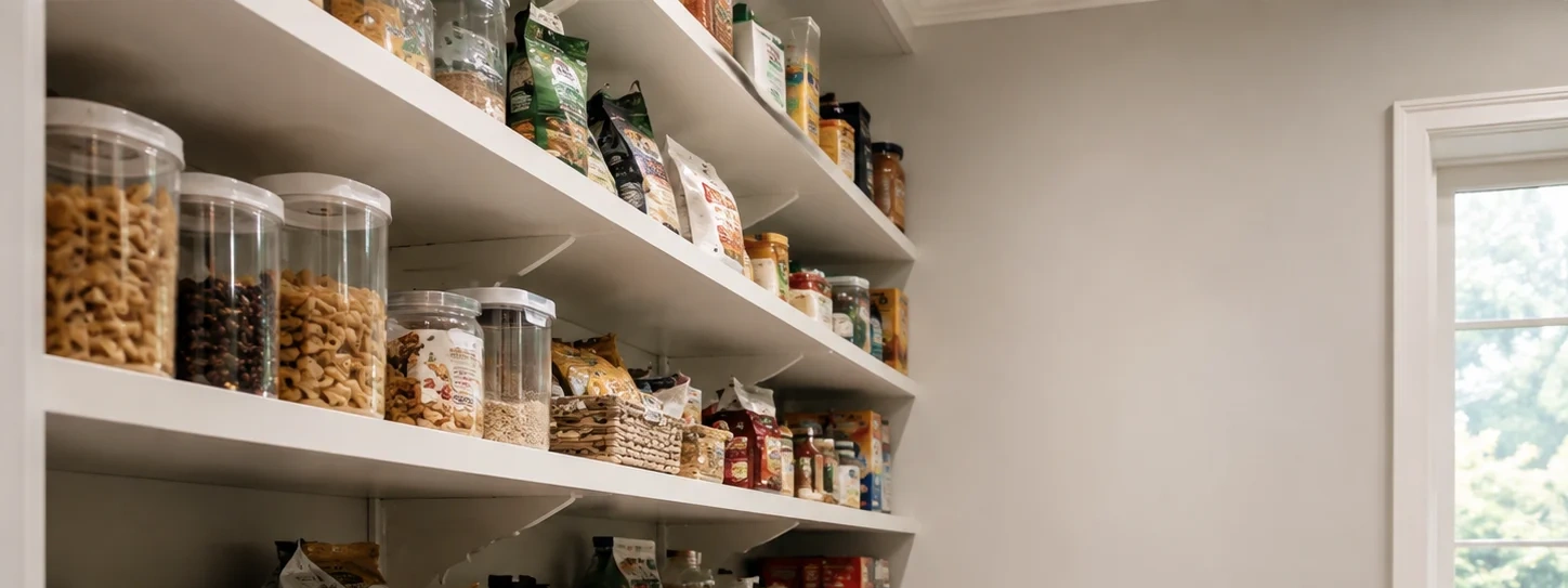 Organized deep pantry shelves with baskets and clear food containers