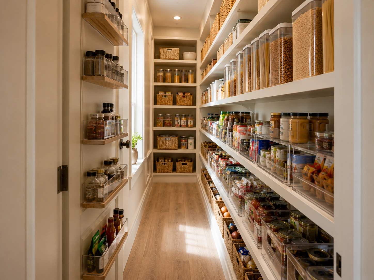 Bright warm modern pantry organized with clear containers and grouped food storage