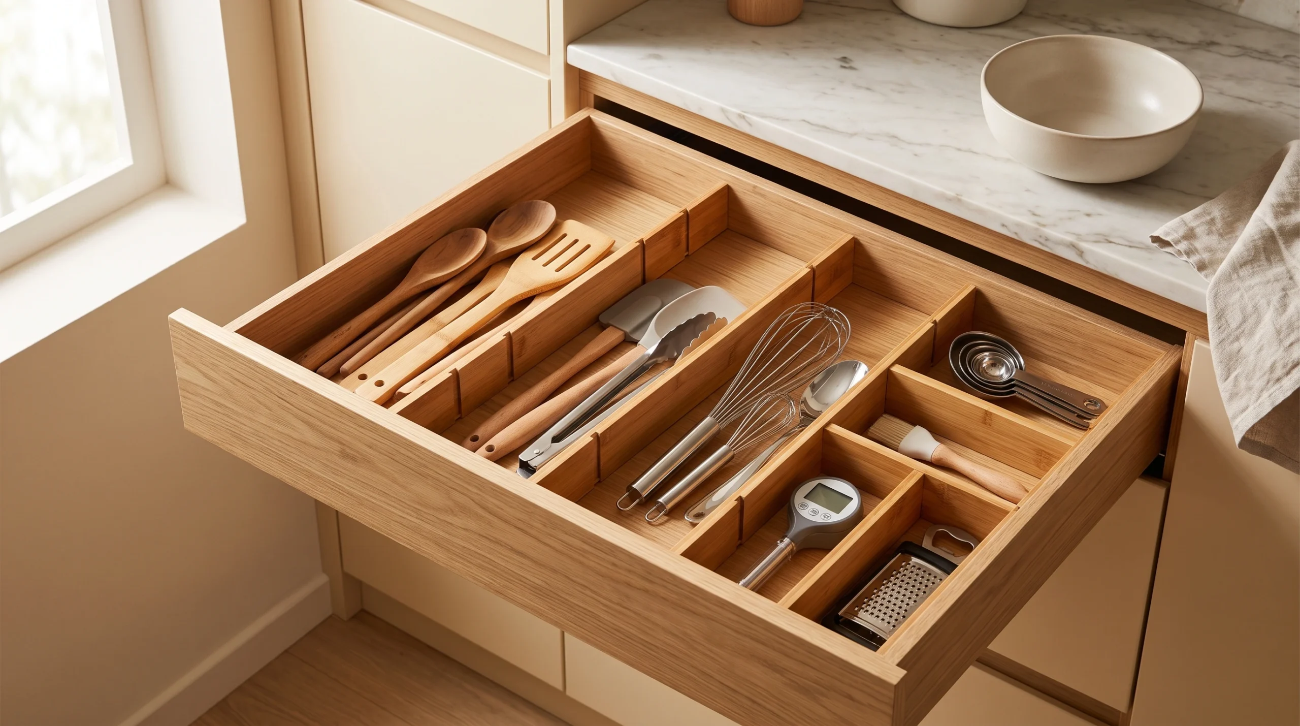 Kitchen drawer organized with adjustable bamboo dividers and cooking tools