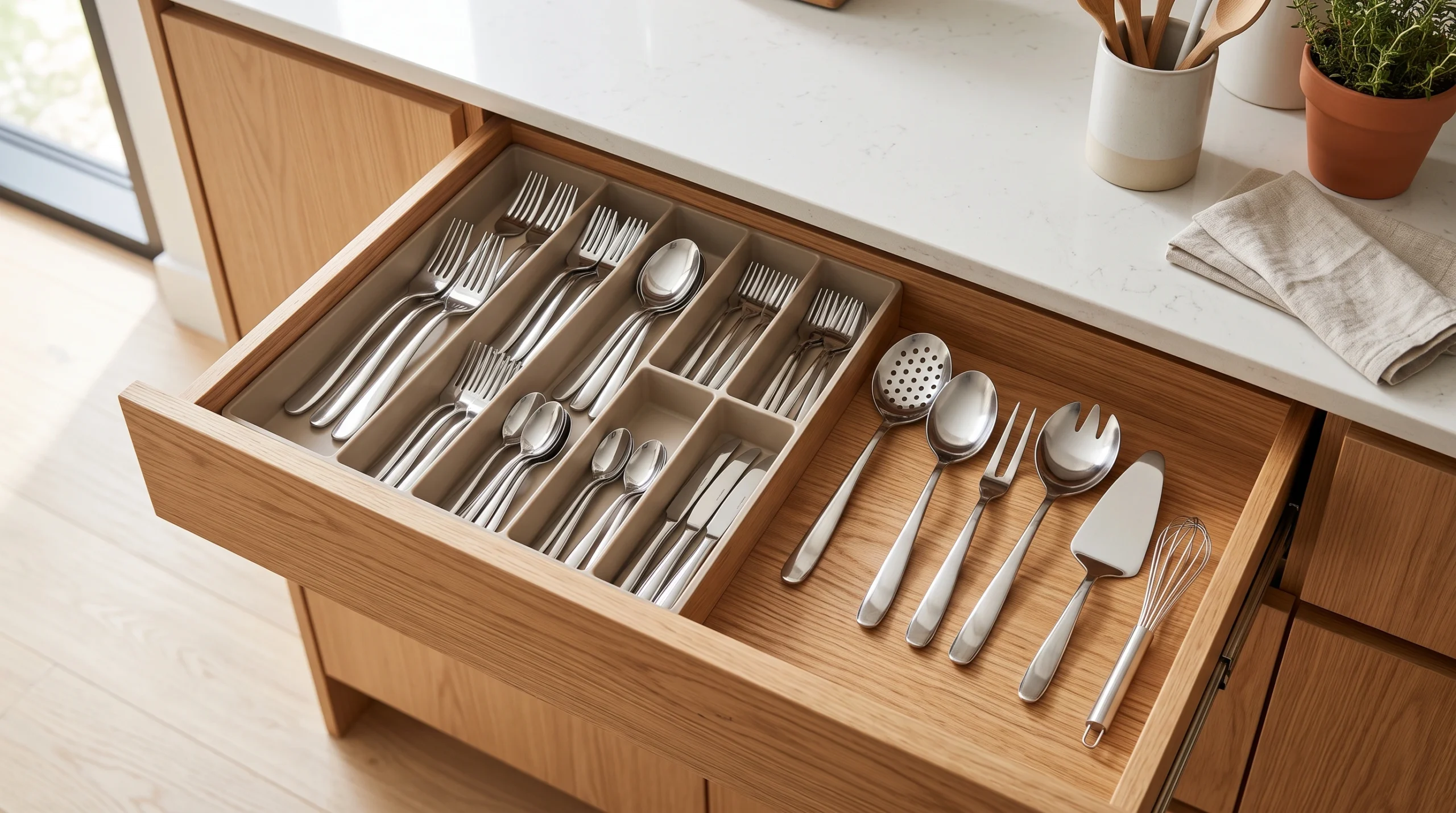 Dedicated silverware section in an organized kitchen drawer