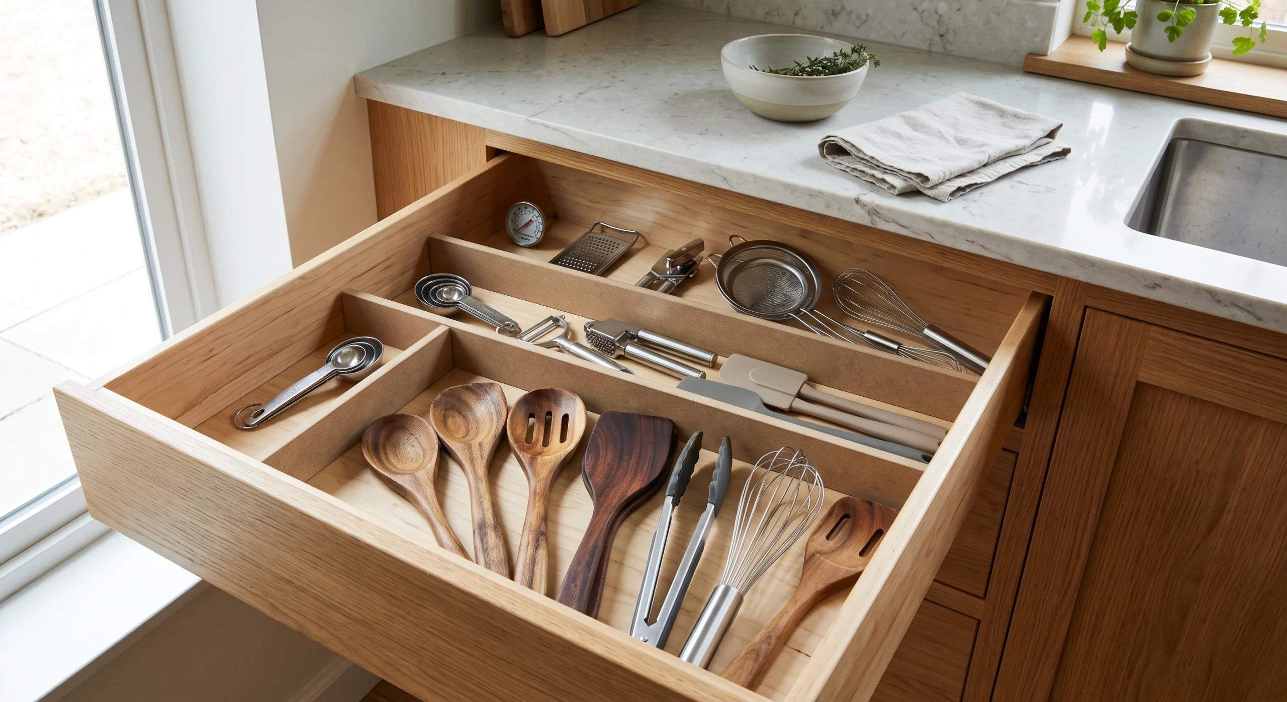 Deep kitchen drawer organized with dividers and cooking utensils