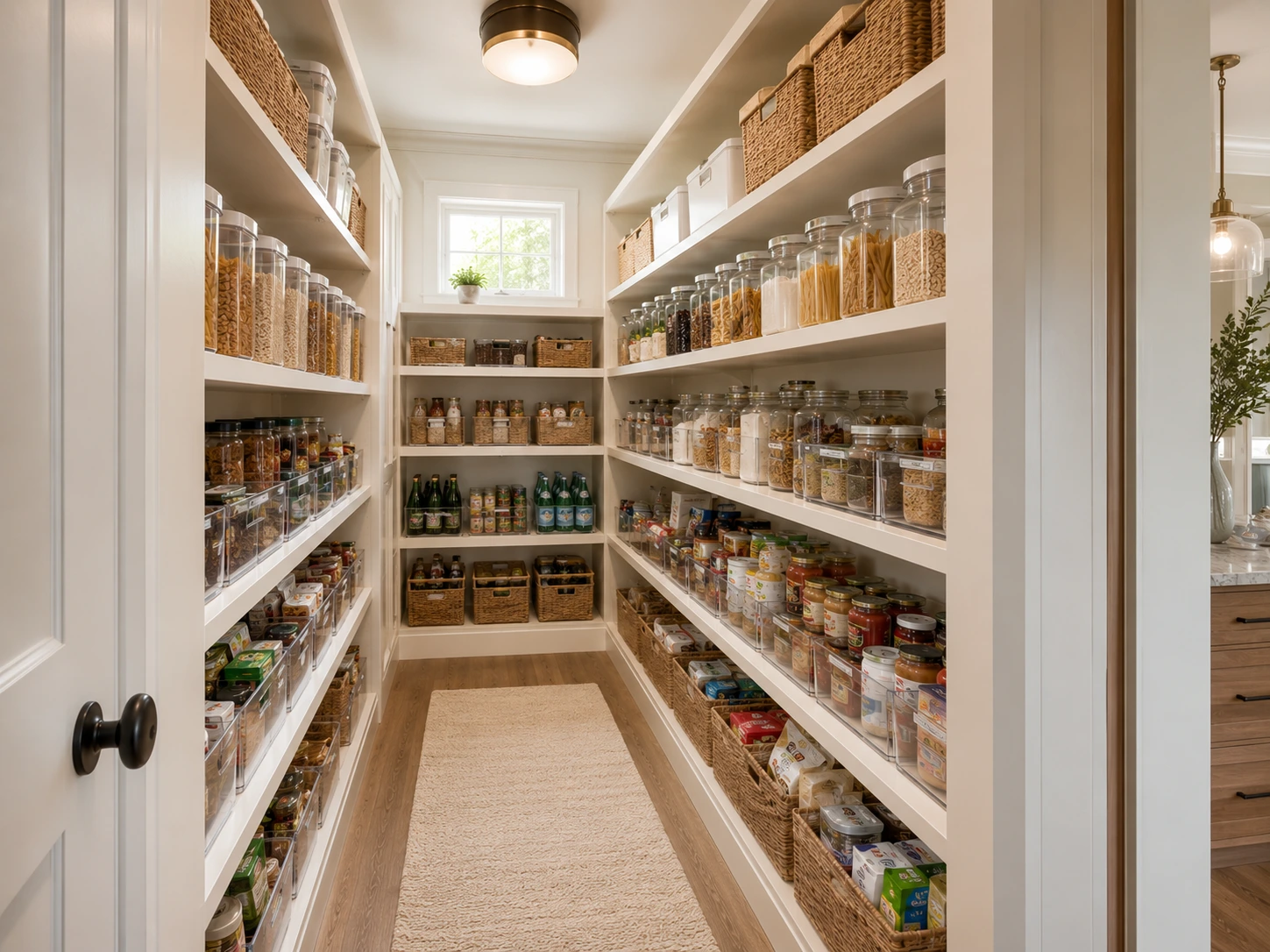 Beautifully organized deep pantry with baskets, jars, bins, and shelves