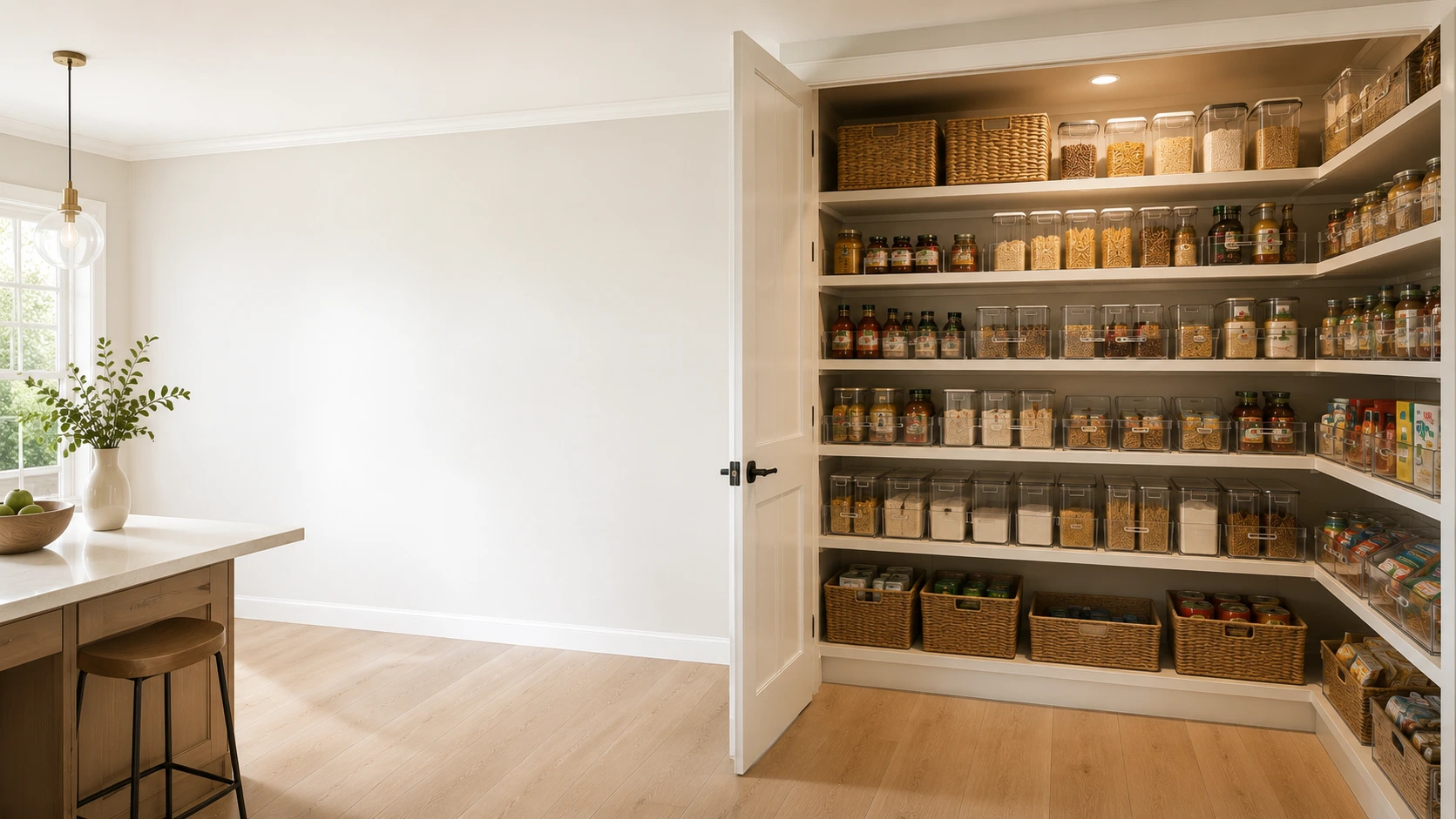 Organized deep pantry shelves with clear containers, baskets, jars, and food storage