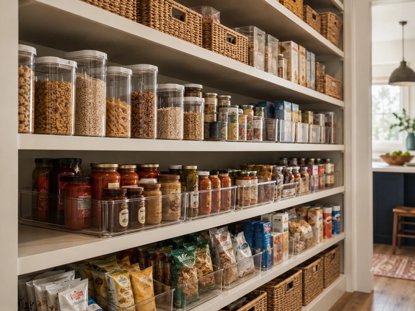 Organized deep pantry shelves