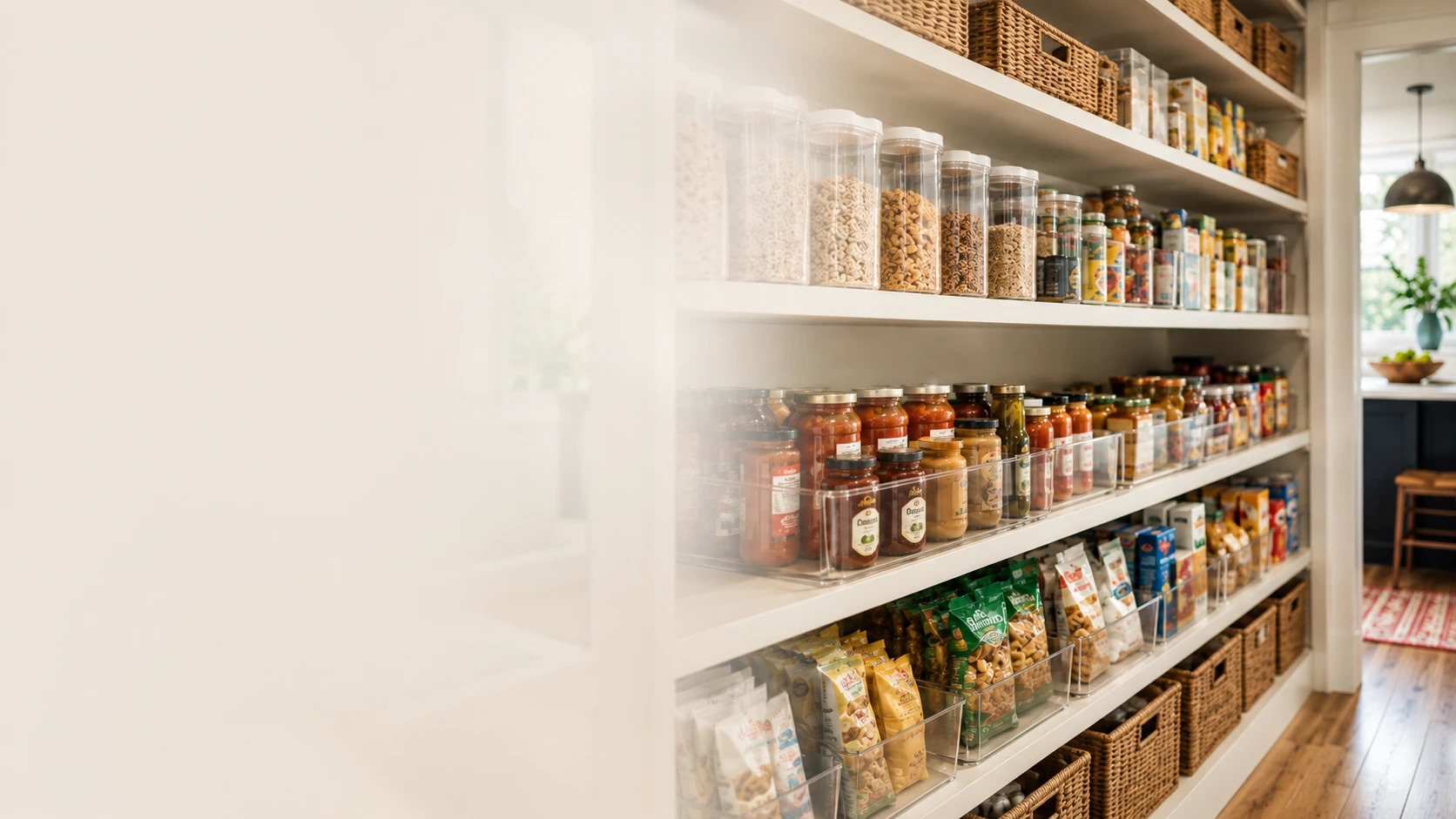 Organized pantry with clear containers, jars, baskets and pantry shelves