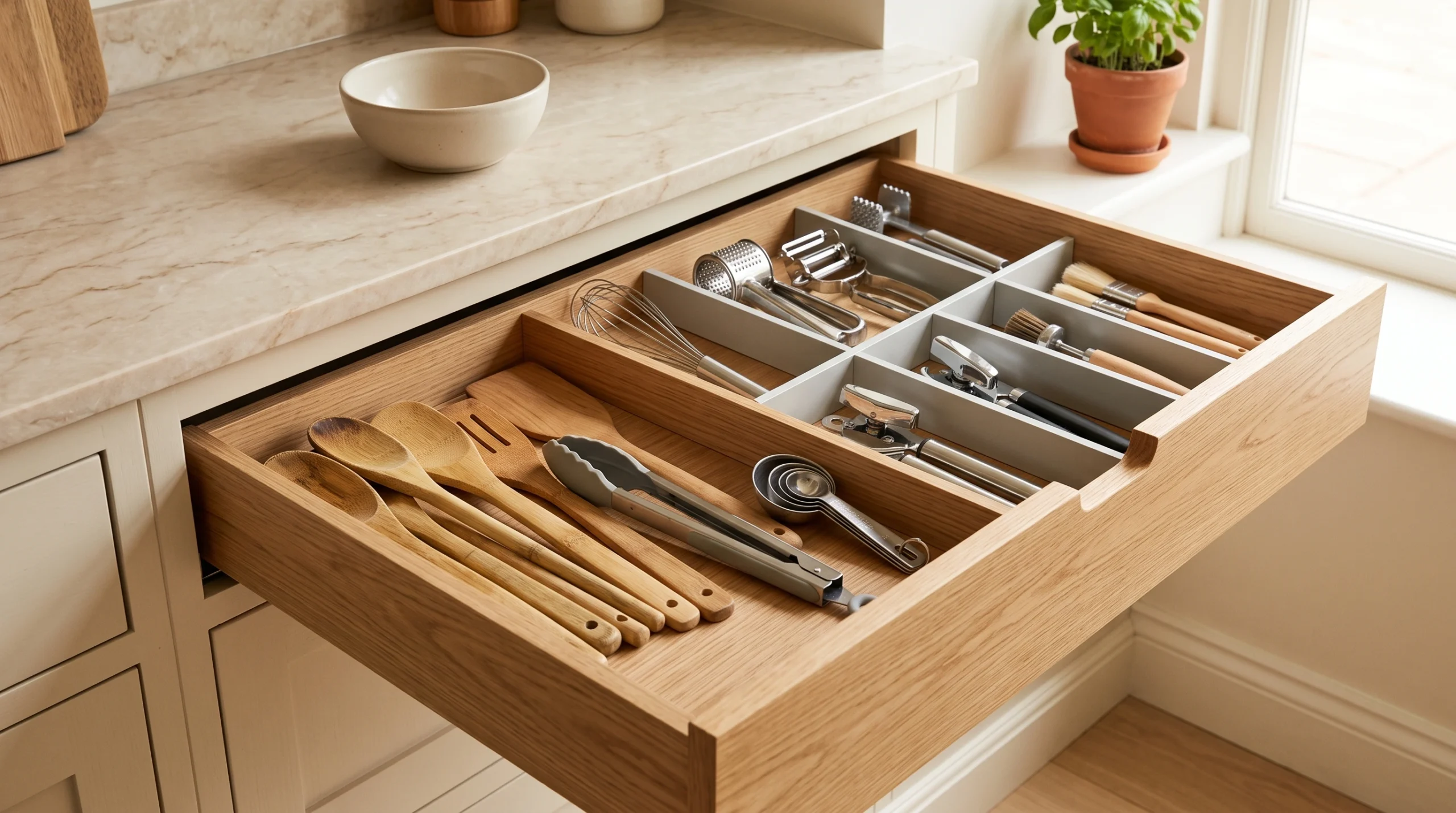 Kitchen drawer separating everyday utensils from specialty tools
