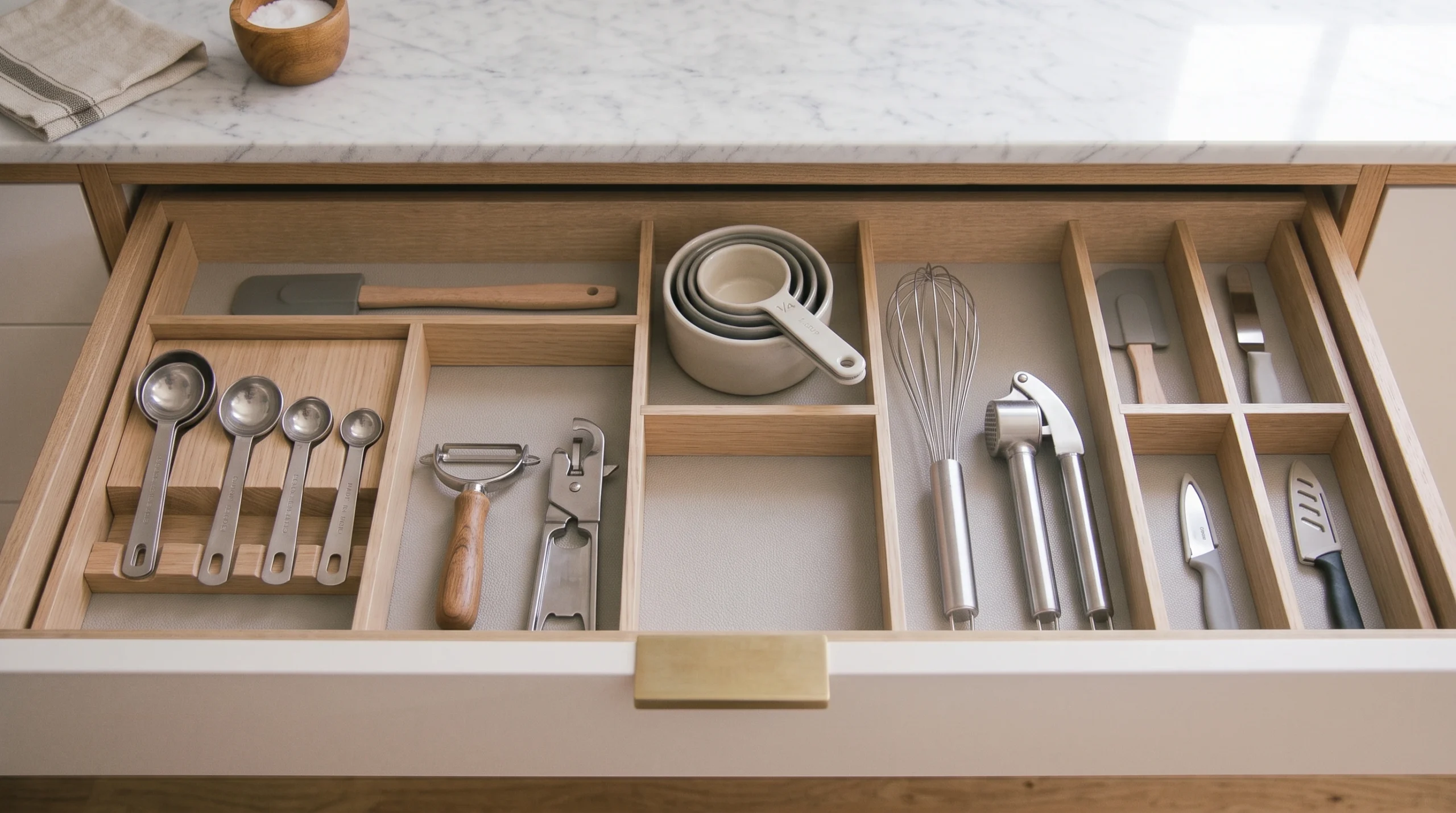Small kitchen drawer organization with compact kitchen tools