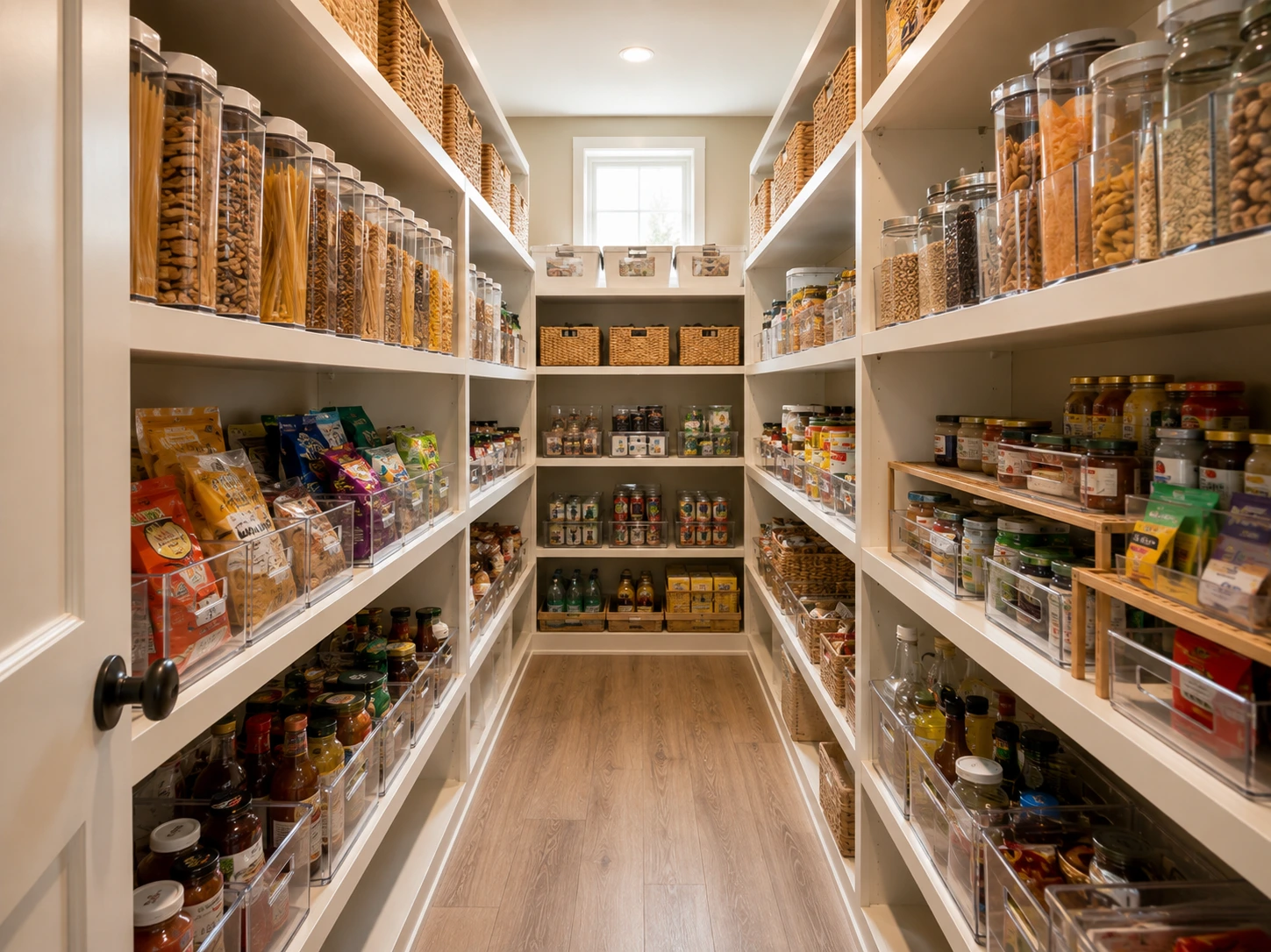 Very deep pantry organized with baskets, clear containers, canned foods, and pull-forward storage