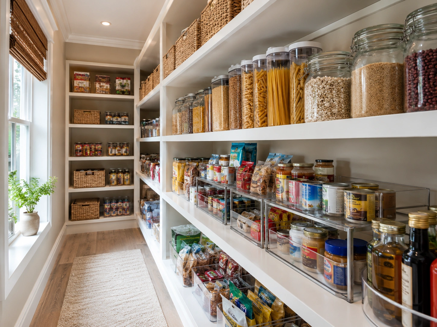 Deep pantry shelves organized with clear containers, baskets, jars, and food categories